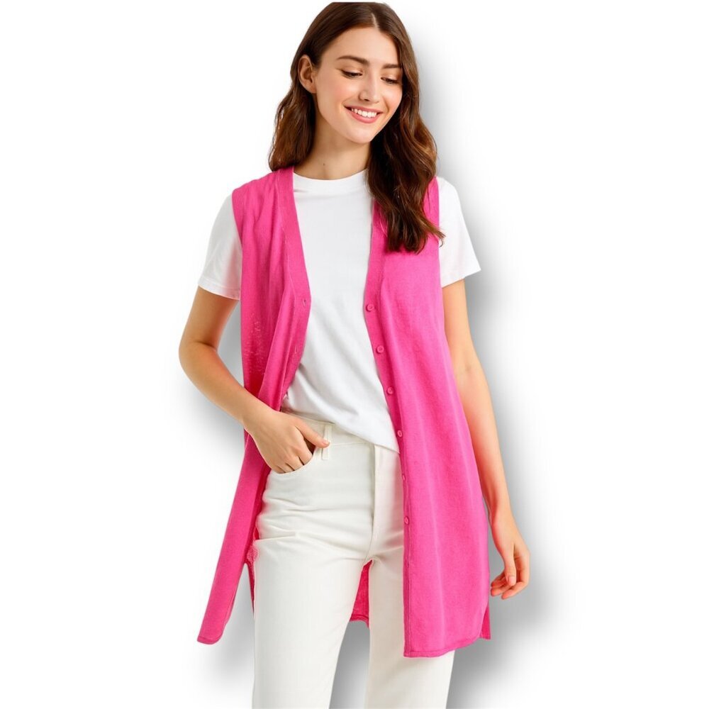 ZARA Pink‎ Linen Knit Sleeveless Cardigan Sweater Top Boho Festival Barbiecore S